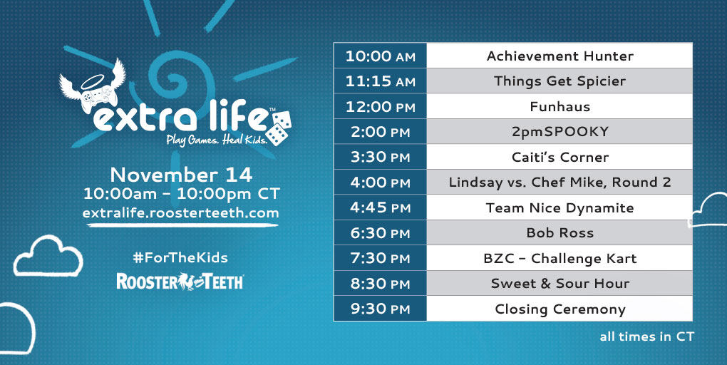 The RT Extra Life schedule has been released. r/roosterteeth