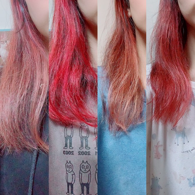 左からペールピンクとペールロゼの残り混ぜて入れたやつビビッドレッドそのままいれたやつそこから約2週間後のやつビビッドレッ 左からペールピンクとペールロゼの残り混ぜて入れたやつビビッドレッドそのままいれたやつそこから約2週間後のやつビビッドレッ