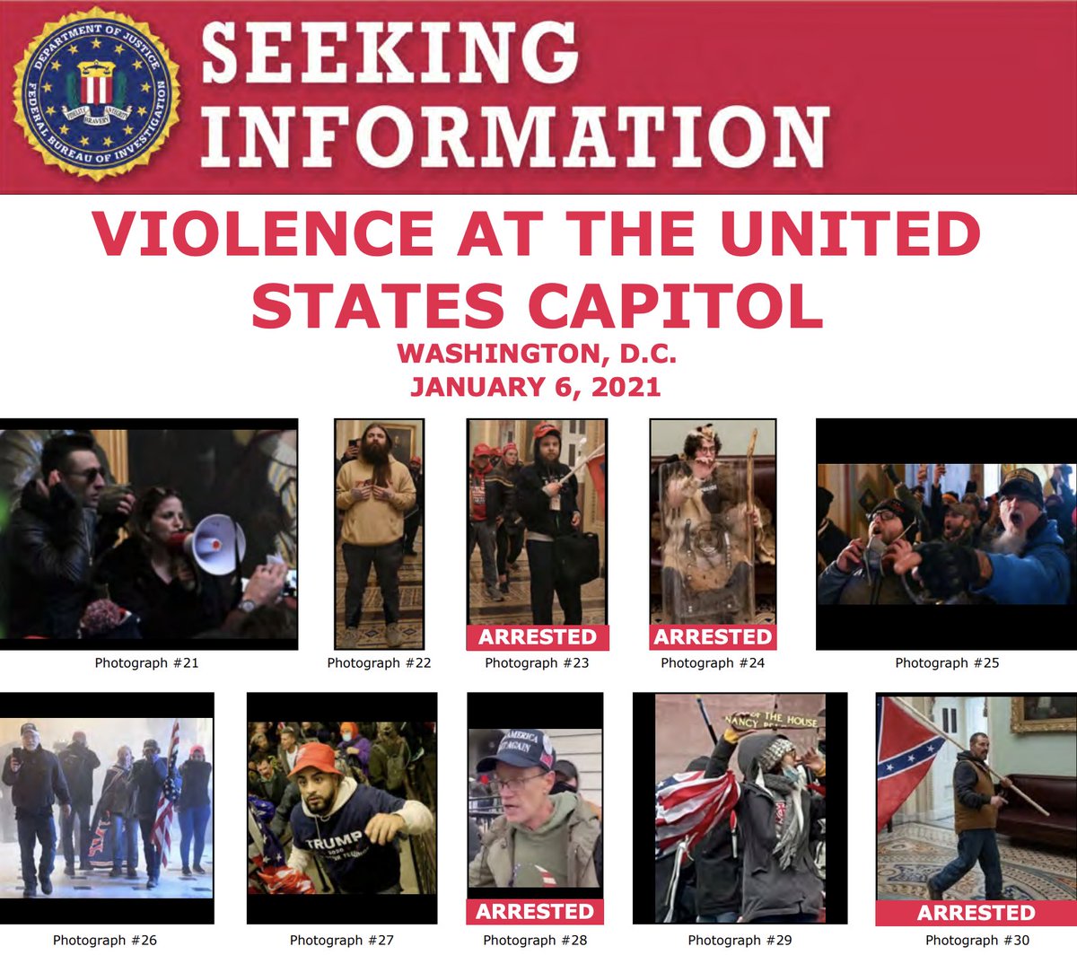 Thanks for your tips! The #FBI has arrested multiple people in connection with the violence at the U.S. Capitol last week. We need your help to identify more individuals at If you know someone on these posters, submit a tip at