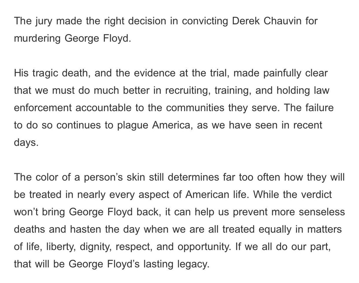 The jury made the right decision in convicting Derek Chauvin for murdering George Floyd. My full statement: 