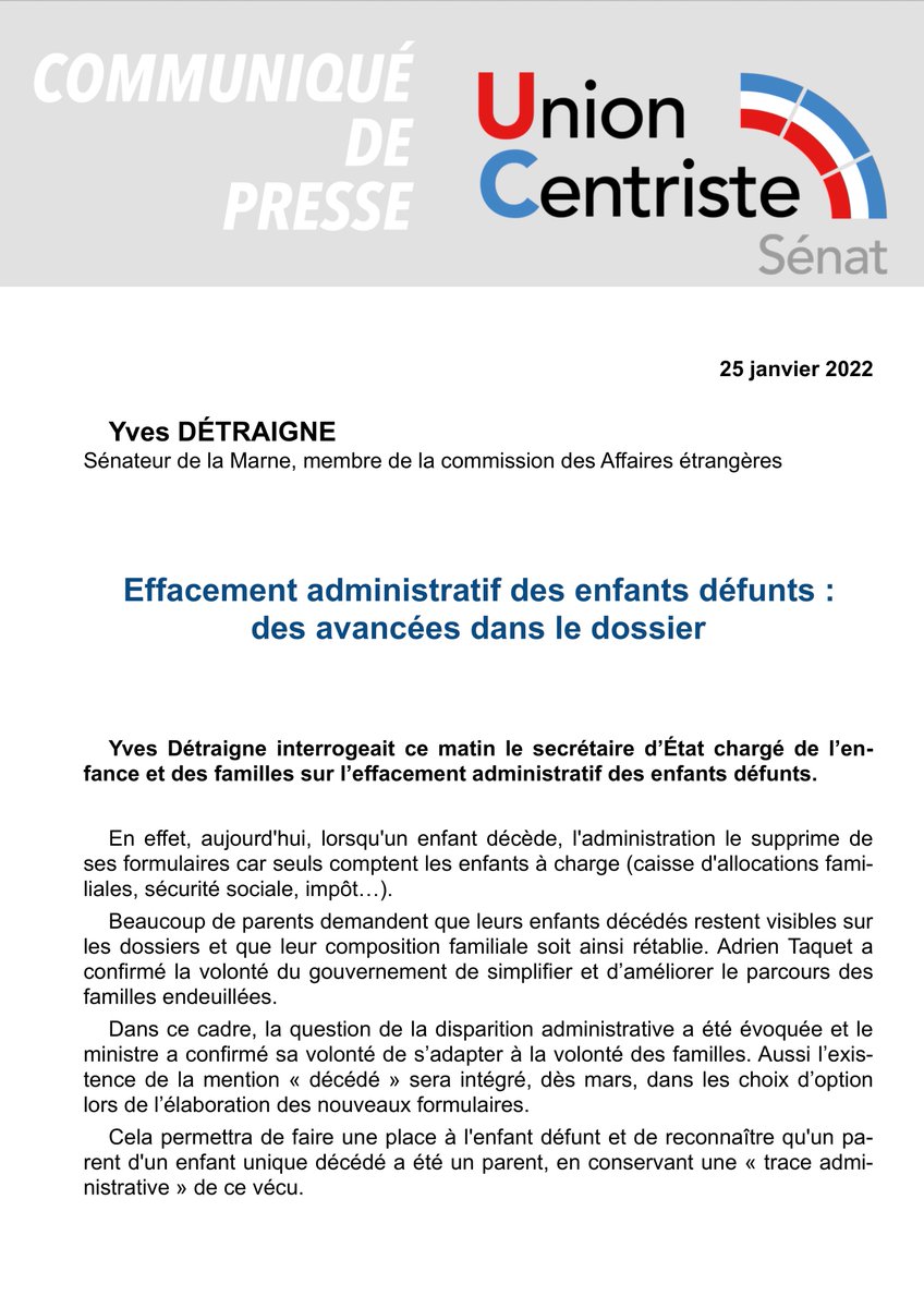 #COMMUNIQUÉ de @YvesDetraigne 

"Effacement administratif des enfants défunts : des avancées dans le dossier" 