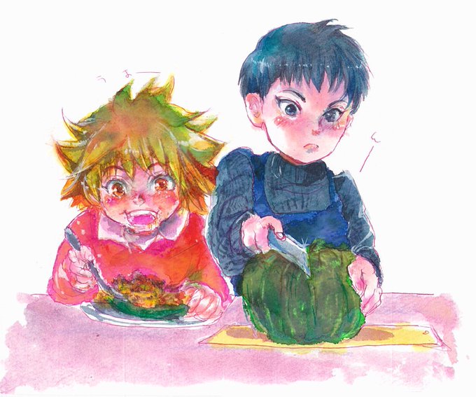 冬至かぼちゃ食べる子ヒロ司のカラーインク絵 スキャン版後でデジ(バケツ塗り)で背景つけてみます#pet_anime 冬至かぼちゃ食べる子ヒロ司のカラーインク絵 スキャン版後でデジ(バケツ塗り)で背景つけてみます#pet_anime