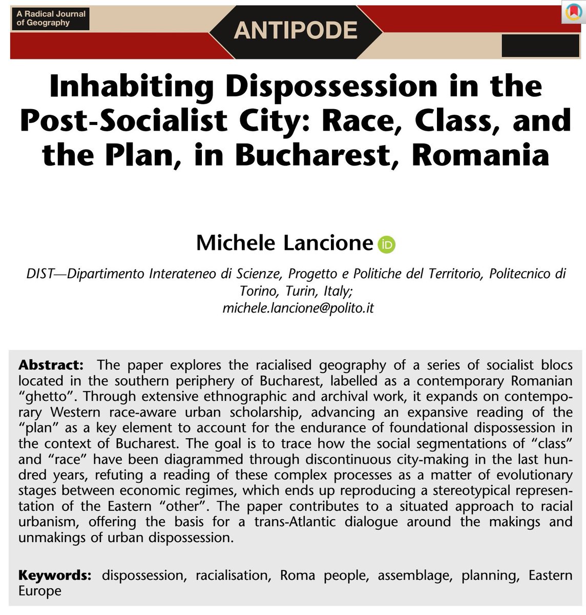 test Twitter Media - My new paper @antipodeonline took years to write

It builds on previous research #race #class #housing  #resistance in #Bucharest & on Romanian scholarship to offer a trans-Atlantic dialogue around the (un)makings of #urban #dispossession

Open access https://t.co/KM2joYNQZc (I) https://t.co/hfcY5Nb3ly