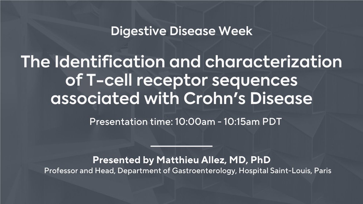 test Twitter Media - .@MatthieuAllez will present data at @DDWMeeting demonstrating immunoSEQ®  identified T-cell receptors linked to Crohn’s Disease from blood samples. Saturday, May 21st from 10:00am-10:15am PDT. https://t.co/wo2kjqEmL5

For Research Use Only. Not for use in diagnostic procedures. https://t.co/7bQHDRAOWV