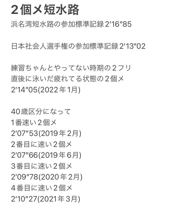 今日2個メ(短水路)をAll Outしてみた。1人1コースでしたがNo Dive練習水着で。最近練習できてるので確実に2 今日2個メ(短水路)をAll Outしてみた。1人1コースでしたがNo Dive練習水着で。最近練習できてるので確実に2