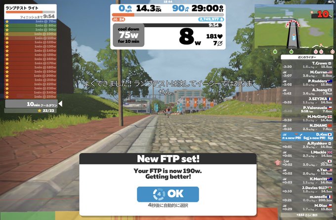 FTPテスト終了!166w→190w(パワーウェイトレシオ 3.72 w/kg)上がった!上がった!ただ今回のRamp FTPテスト終了!166w→190w(パワーウェイトレシオ 3.72 w/kg)上がった!上がった!ただ今回のRamp