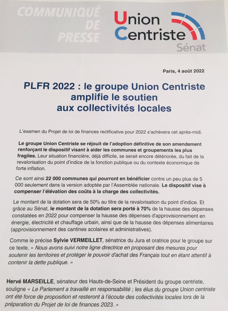 RT @UC_Senat: #PLFR2022 : le groupe Union Centriste amplifie le soutien aux #collectivitéslocales 