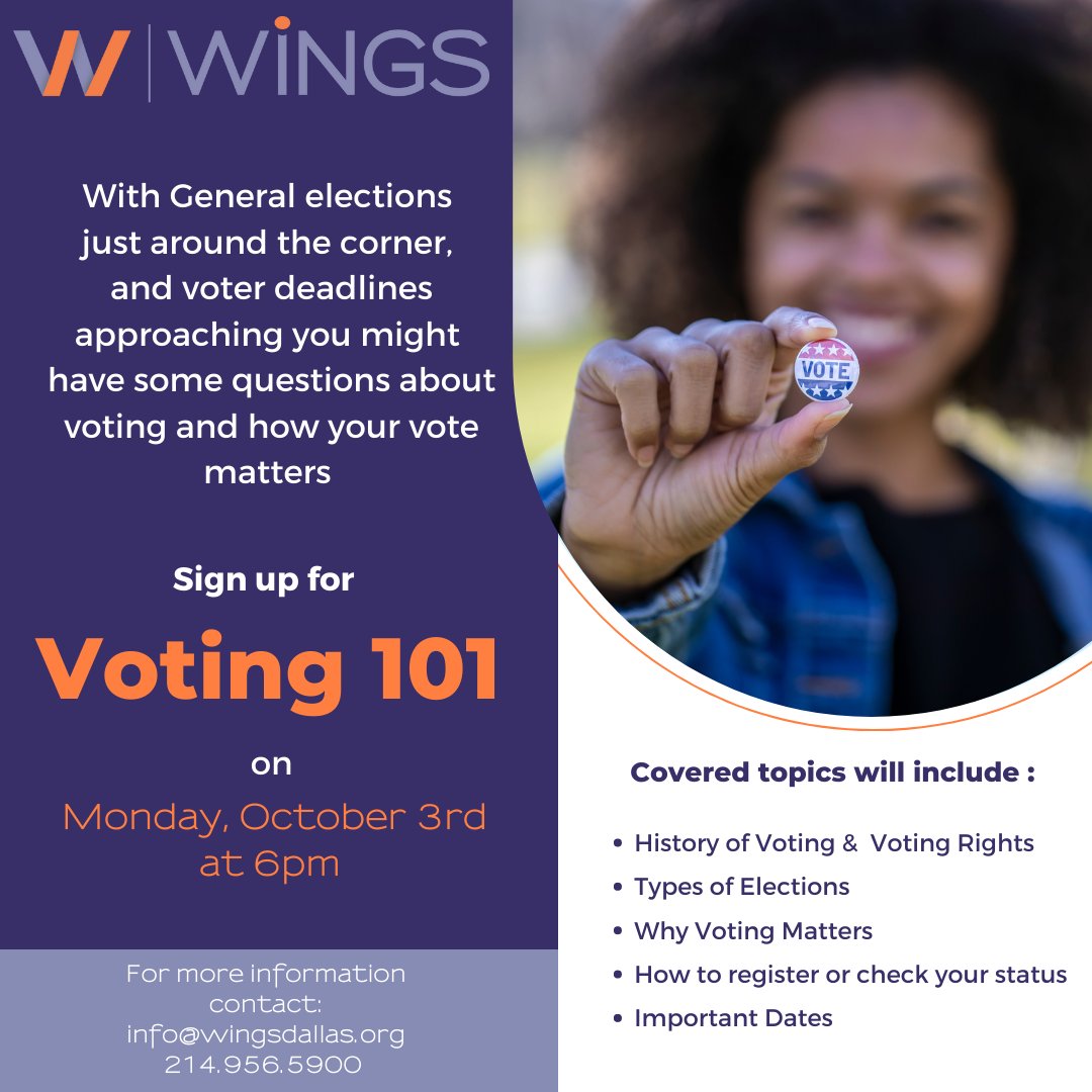 test Twitter Media - Every Election is a time for your voice to be heard! But here at WiNGS we know that all the who's what's how's and why's can be confusing! Join us for Voting 101 and get all the details on voting registration, deadlines, poll locations and more. 📢 Tell a friend #Yourvotematters https://t.co/5dsKgZLN2U