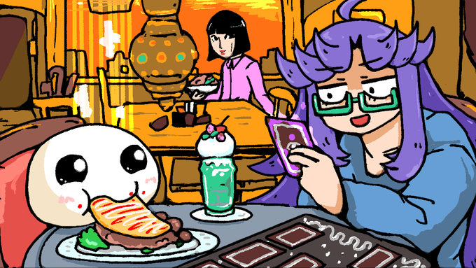 オカルティックナインでおなじみブルームーンでお食事したときのイラストです#しろいおもちファンアート #たまがわあーと オカルティックナインでおなじみブルームーンでお食事したときのイラストです#しろいおもちファンアート #たまがわあーと