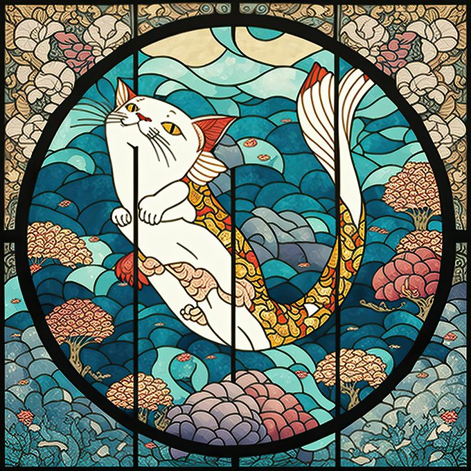 猫ステンドグラス 変猫 人魚 7Cat stained glass strange cat mermaid 7#猫 #A 猫ステンドグラス 変猫 人魚 7Cat stained glass strange cat mermaid 7#猫 #A