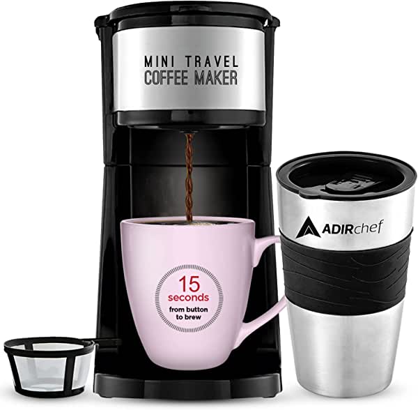 AdirChef Mini Travel Single Serve Coffee Maker & 15 oz. Travel Mug Coffee Tumbler & Reusable Filter for Home $23.96 at