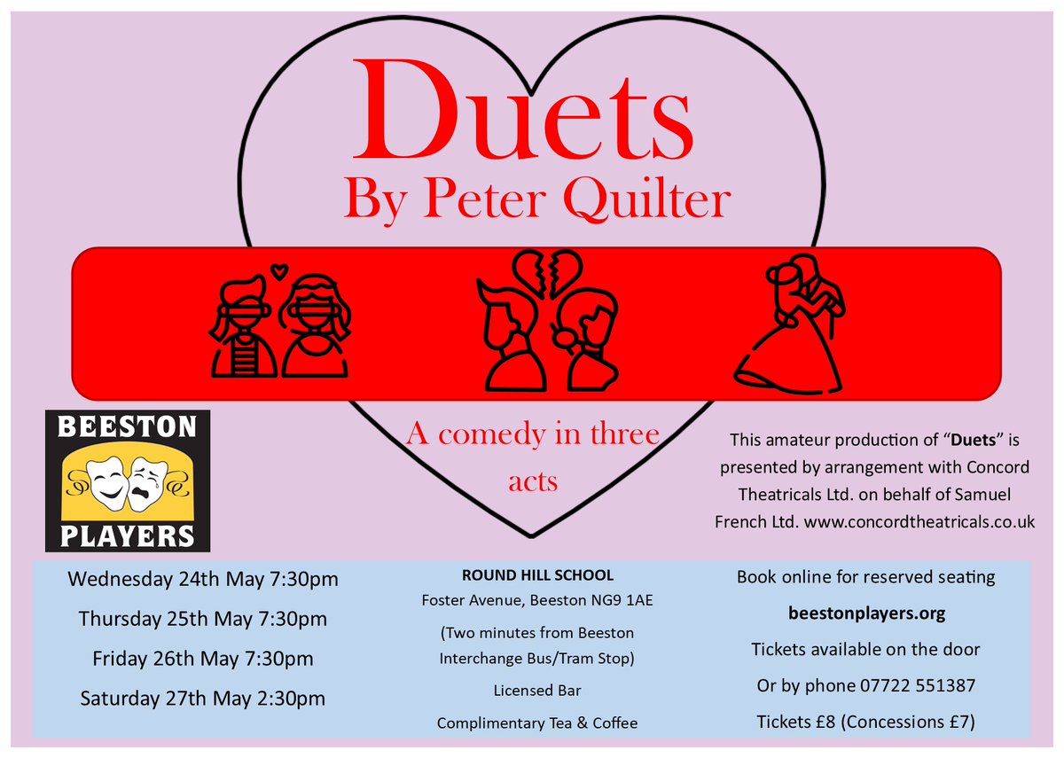 test Twitter Media - Our May 2023 Production is Duets by Peter Quilter

Duets is a hilarious tribute to the strength and madness of the human heart

Three sets of characters, three crucial moments

Buy tickets at https://t.co/iwQB84OaZI https://t.co/J8nmkAtutr