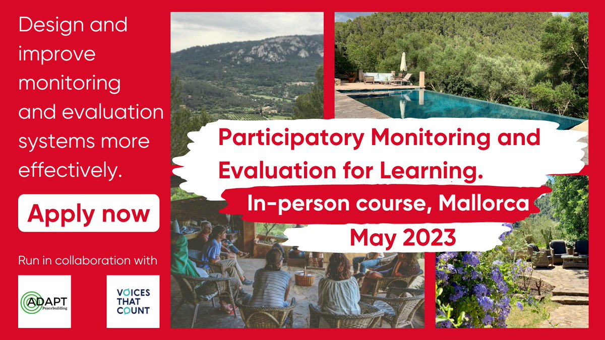 Twitter image for #ParticipatoryMonitoring and #Evaluation for Learning - #Mallorca 📢
Sharpen your #MonitoringAndEvaluation skills with our in-person course in beautiful Can Torna - May 2023 🌞
Find out more & apply 👉 https://t.co/tIVaI96sSq
Run in collab with @APeacebuilding & @VoicesThatCount https://t.co/riZUyYhbCW