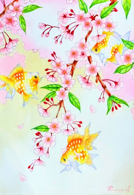 「桜とピンポンパール」2023.03.20 A5サイズ | 色鉛筆 