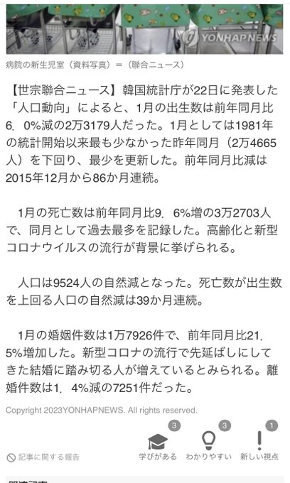 一月出生数が1年で6%減の2.3万人年間じゃ23万人ちょっとになりそうか？やっぱゴールデンタイムらしいが全く産んでないな