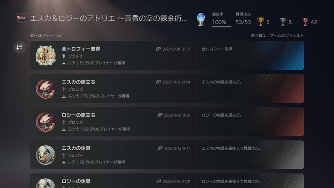 エスロジのトロコン完了!!これでアトリエは一旦休憩、買っておいたバイオやるぞー!#PS5Share エスロジのトロコン完了!!これでアトリエは一旦休憩、買っておいたバイオやるぞー!#PS5Share