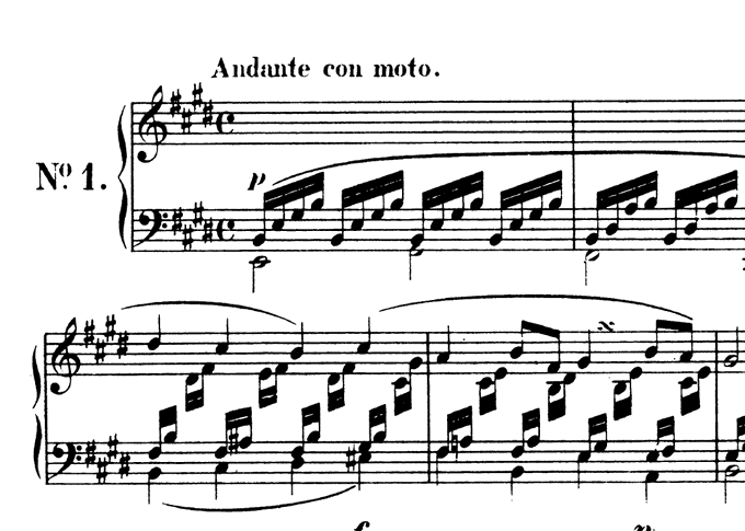 メンデルスゾーンの無言歌集「甘い思い出」これもアルペジオが左右に振り分けられた音形。ピアノの先生から「片手で弾いてるかの