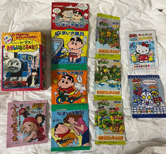キャラクターとコラボした入浴剤・きかんしゃトーマス(1991年)・クレヨンしんちゃん(1993年)・ミュータントタートル キャラクターとコラボした入浴剤・きかんしゃトーマス(1991年)・クレヨンしんちゃん(1993年)・ミュータントタートル