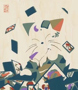 猫と花札の絵です。花札は日本の伝統的なカードゲームであり、大きな花札と猫でその世界観に引き込まれそうになります。 #猫 