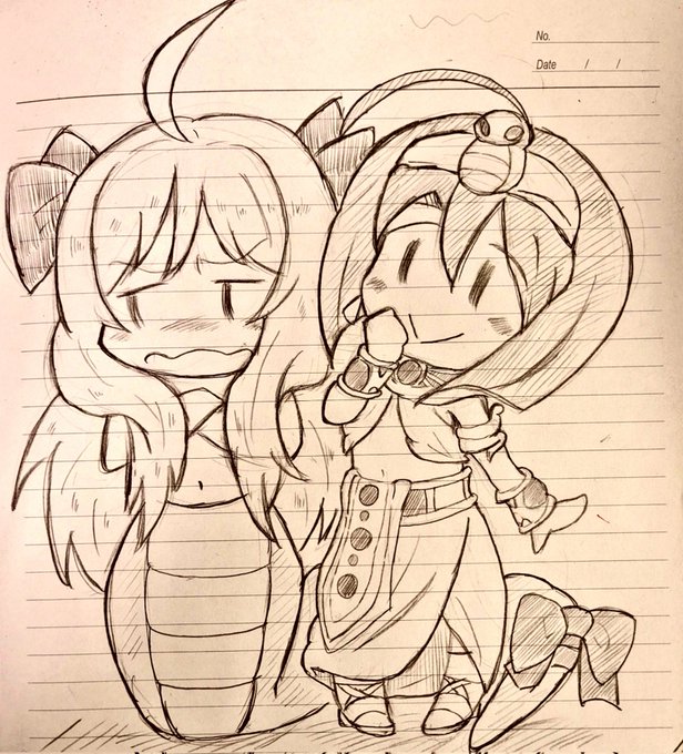 前に描いたのだけど距離感近いメデューサちゃんに照れてそっぽ向きつつも尻尾で囲んで満更でも無さそうな邪神ちゃんという概念す 前に描いたのだけど距離感近いメデューサちゃんに照れてそっぽ向きつつも尻尾で囲んで満更でも無さそうな邪神ちゃんという概念す