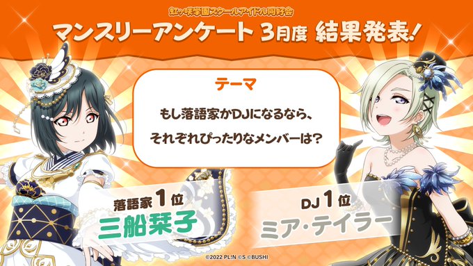 🌈  #虹ヶ咲 マンスリーアンケート 3月度の結果公開！🌈「もし落語家かDJになるなら、それぞれぴったりなメンバーは？」