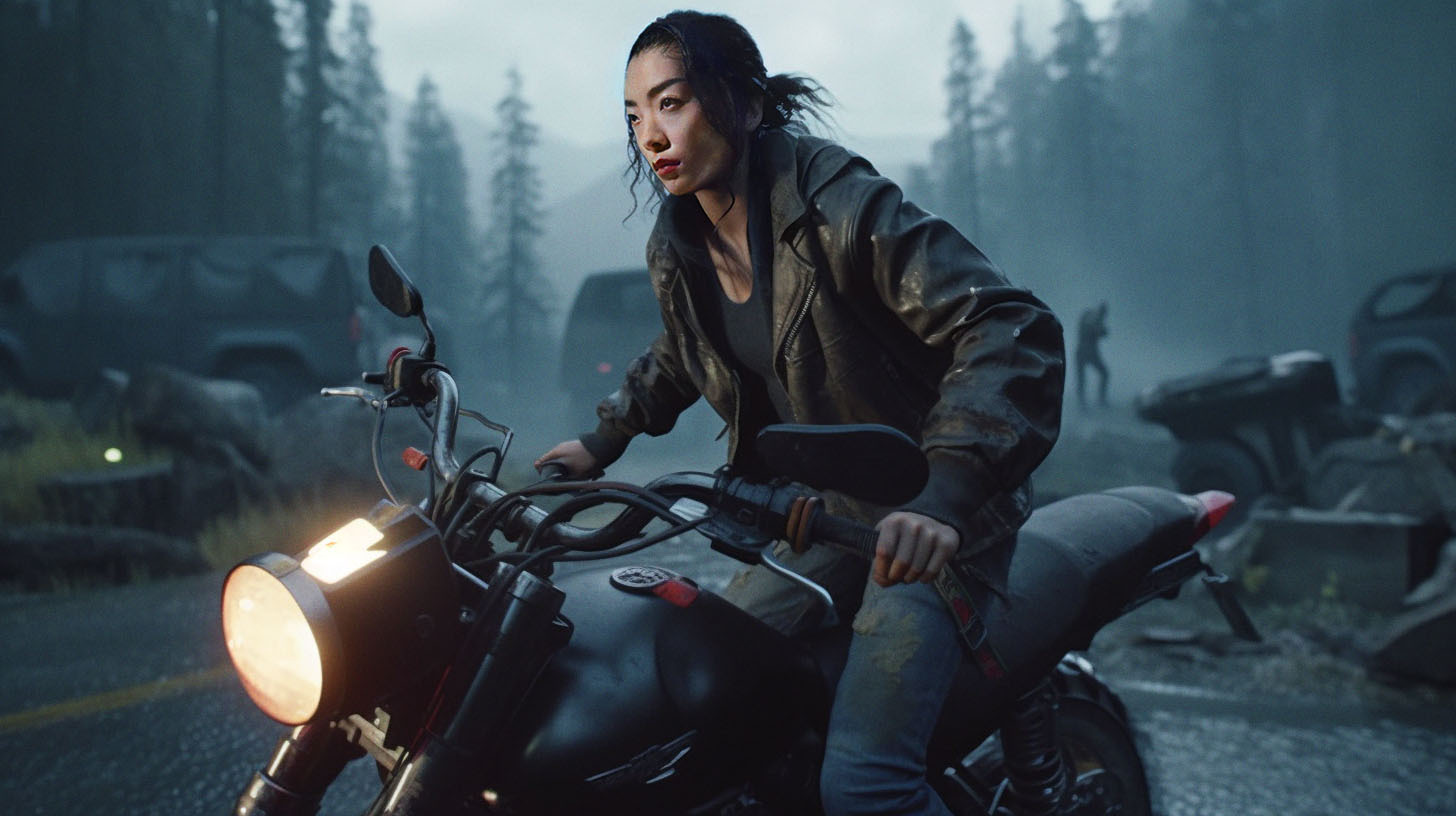 Rina Sawayama sits on a motorcycle with its headlight on pointing toward the left side of the image. Behind Rina are tall pine trees, abandoned vehicles in the road, and a silhouette of a Freaker from Days Gone on the right side off in the distance.