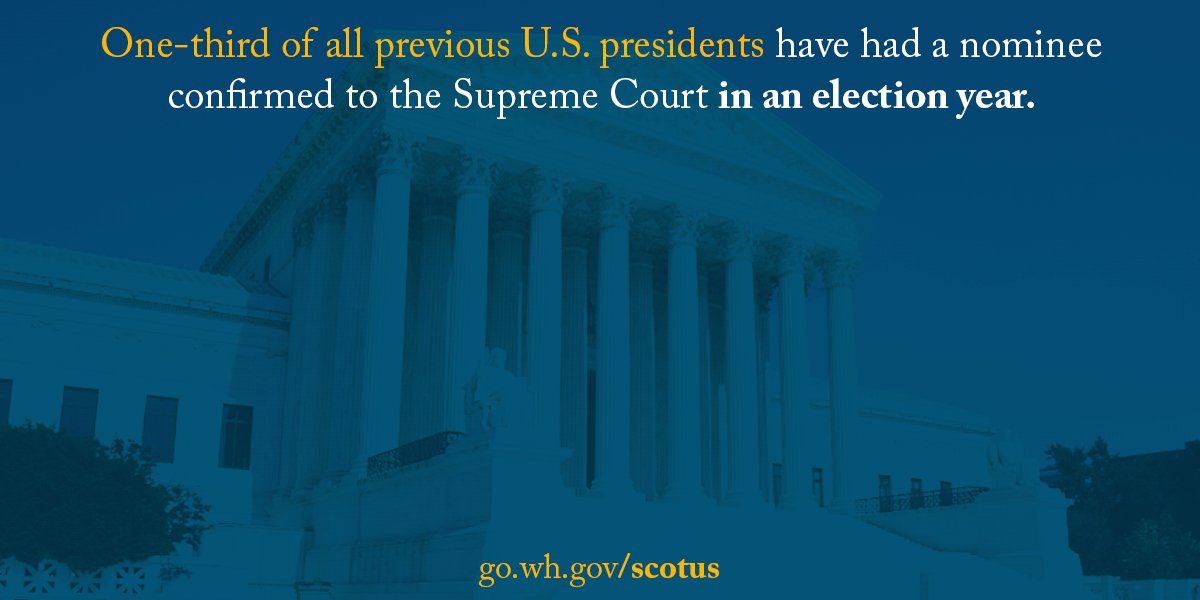 RT @PressSec: In fact, one-third of the presidents before @POTUS have confirmed a #SCOTUS nominee in an election year. https://t.co/r1YYRbA…