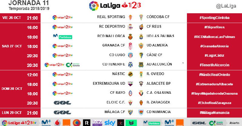 Horarios de la jornada 11 en LaLiga 1|2|3.