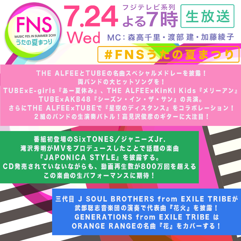 ট ইট র Fns歌謡祭 公式 Fns Topics Fnsうたの夏まつり ７月２４日 水 夜７時 生放送 企画発表 The Alfeeとtube名曲spメドレー ２組のバンドの生演奏バトル コラボも Sixtones ジャニーズjr は Japonica Style 三代目 J Soul