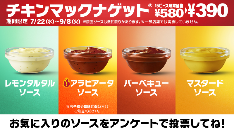 マクドナルド チキンマックナゲット あなたはどのソース派 爽やか レモンタルタルソース 派 本格的な味わいの アラビアータソース 派 定番の バーベキューソース 派 マスタードソース 派 お気に入りのソースをアンケートで投票してね 15