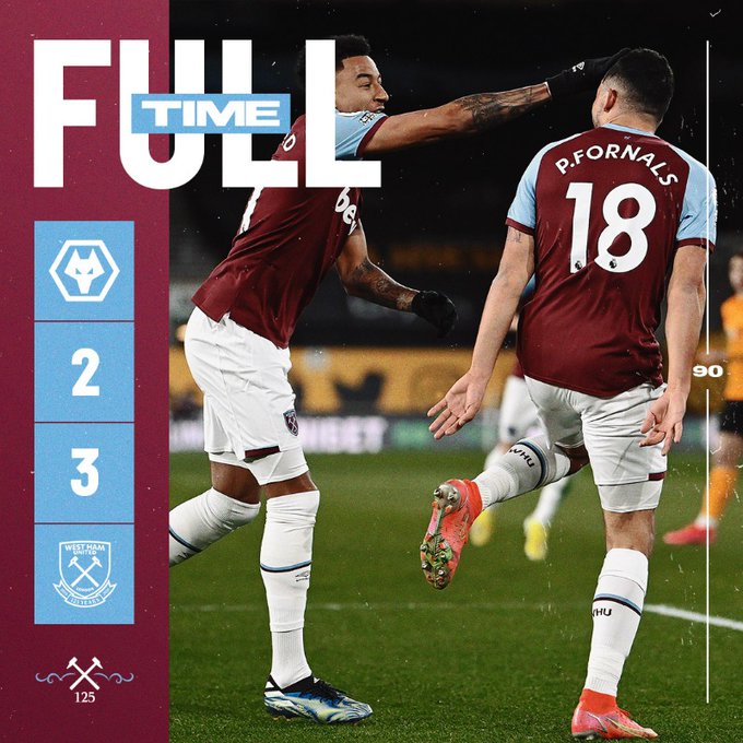 Hasil akhir Wolves 2-3 West Ham United