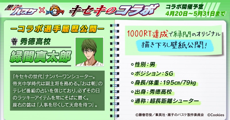 公式 シティダンク2 シティダンク2 黒子のバスケ コラボ予定 コラボ選手情報解禁 緑間真太郎 緑間真太郎と一緒にeバスケを楽しもう フォロー Rtから 抽選で アマギフ 00円x5名様に プレゼント また 1000rt達成で緑間の新規描き下ろし