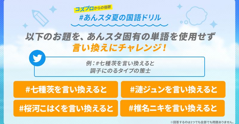 あんさんぶるスターズ 公式 Esの夏休み 第2弾 コズプロからの宿題 4日目 あんスタ夏の国語ドリル あんスタ固有の単語を使わず言い換えにチャレンジ 例 七種茨を言い換えると 調子にのるタイプの策士 Wチャンスの結果はその場で分かる