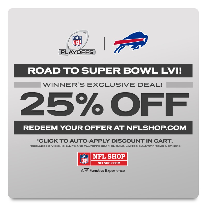 Official NFL Shop on X: 'Road to Super Bowl LVI! Bills Winner's Exclusive!  25% Off Redeem Your Offer at  / X