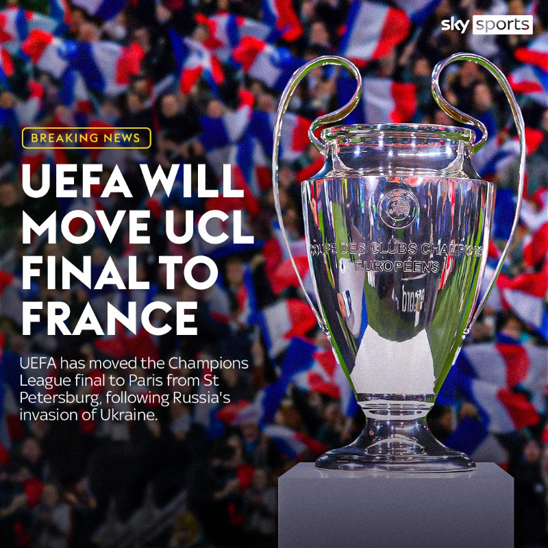 UEFA moves Champions League final to Paris from St Petersburg