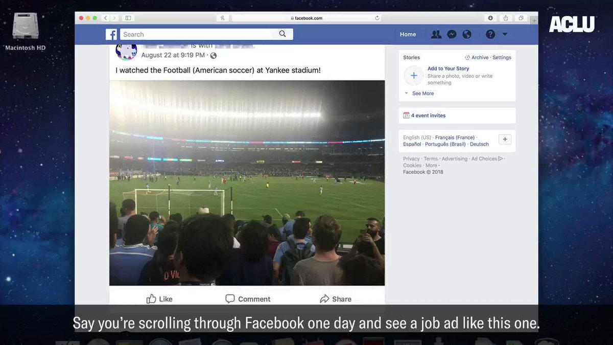 ACLU (@ACLU) on Twitter photo 2018-09-20 00:26:00 Men-only job postings have no place on social media. Well show you first-hand how Facebook prevented women from viewing job ads in male-dominated fields — and why we took legal action. Men-only job postings have no place on social media. Well show you first-hand how Facebook prevented women from viewing job ads in male-dominated fields — and why we took legal action.