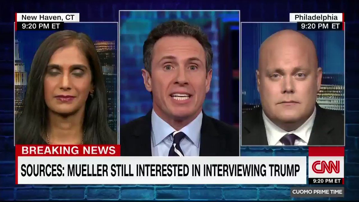 "Written answers are not going to cut it. You need to hear from the horse's mouth."
@AshaRangappa_ on reports Mueller continues to be interested in interviewing Trump.
"No lawyer worth their salt is going to allow him to do that," responds @jim_schultz.
https://cnn.it/2UK0xaO