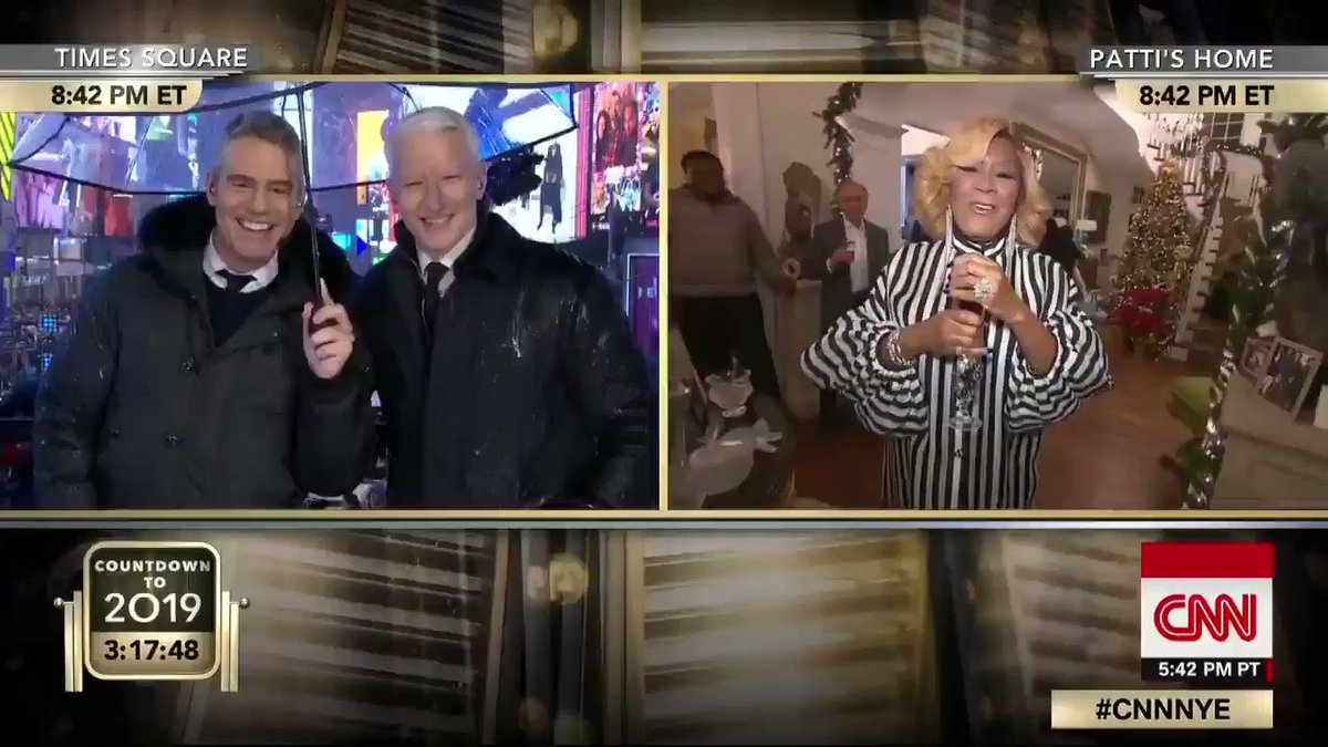 American singer @MsPattiPatti is cooking up a feast for her family at home while @andersoncooper and @Andy Cohen snack on her famous sweet potato pie in rainy Times Square. #CNNNYE http://CNN.it/go
