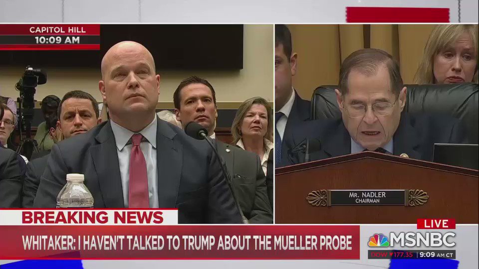 Rep. Nadler to Matt Whitaker: "In your capacity as acting AG, have you ever been asked to approve any request or action to be taken by the special counsel?"
Whitaker: "Mr. Chairman, I see that your 5 minutes is up...We have agreed to 5- minute rounds."
