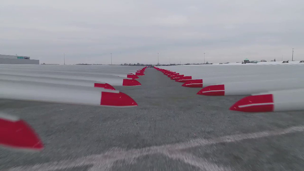 MUST WATCH: Stunning drone footage shows 500 wind turbine blades lined up on the banks of the River Humber. They're being shipped out to the world's biggest offshore windfarm. It's just off the Yorkshire coast + today produced power for the first time. @jonnybrownyorks reports