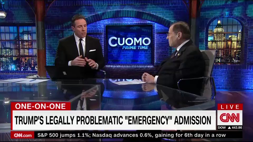 Democrat @RepJerryNadler on Trump's "emergency": "This is one of the largest challenges to the Constitutional order in American history."
"He gets away with this, Presidents become much more powerful, this destroys the separation of power... and riddles the Constitution."