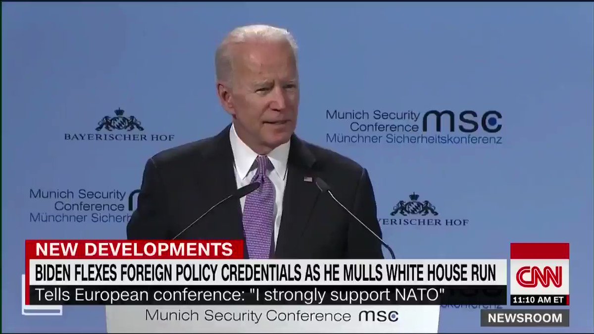 Former Vice President Joe Biden, while speaking in Munich, Germany, says he "strongly" supports NATO: "I believe it is the single most significant military alliance in the history of the world" https://cnn.it/2V0vc39