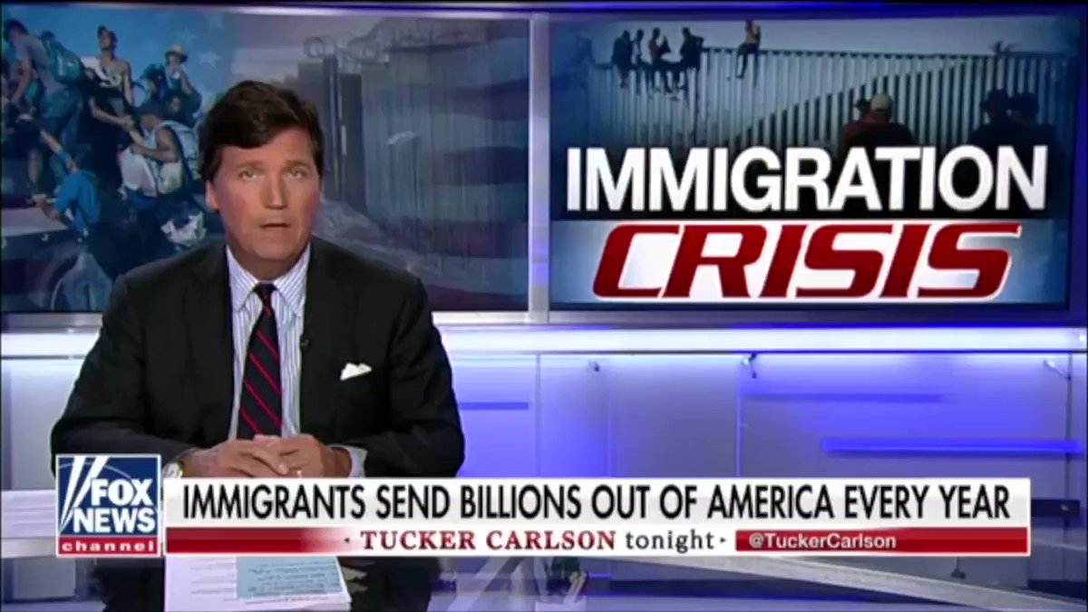 Tucker Carlson discussing idea of taxing the billions (at least 120 billion) of dollars sent by immigrants back to Mexico via remittances.
"At one point the Trump administration proposed a remittance tax. Lobbyists from Mexico didn't like the idea, the idea went nowhere."