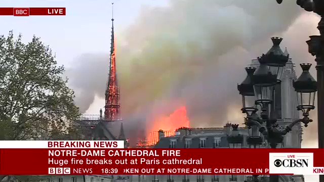 DEVELOPING: Paris' Notre Dame Cathedral is on fire, with roof and spire of the nearly 900-year-old cathedral engulfed in flames https://cbsn.ws/2UYj4mY