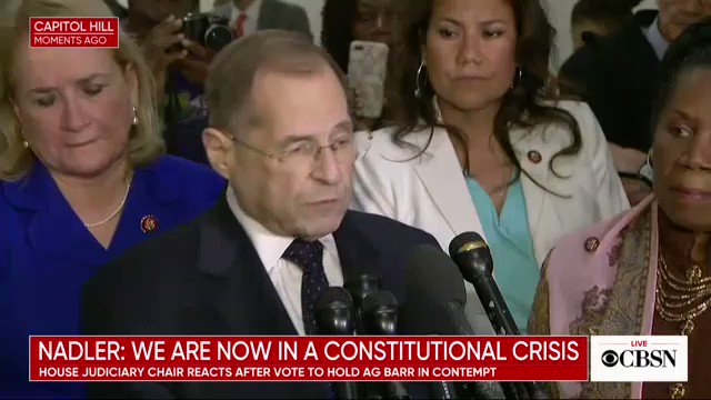 Nadler following vote to hold AG Barr in contempt: “We are now in a constitutional crisis.” https://cbsn.ws/2iuAAgA
