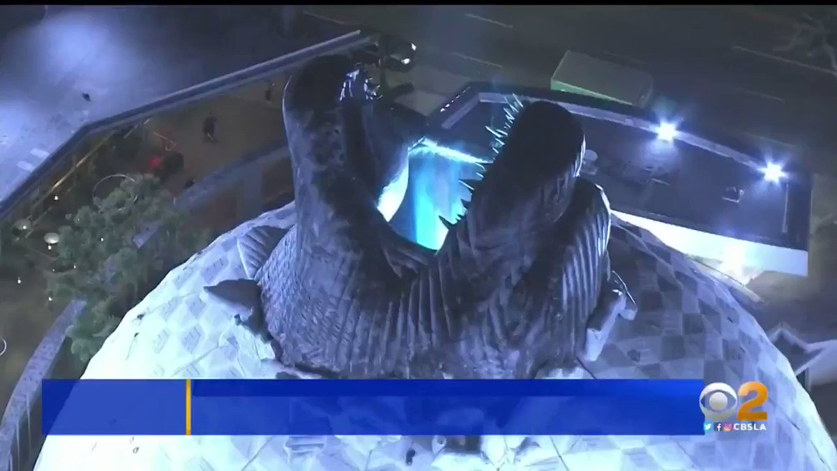 SPOTTED FROM SKY9: Godzilla breaking through the roof of Hollywood's famous Cinerama Dome https://cbsloc.al/2LzxBlw