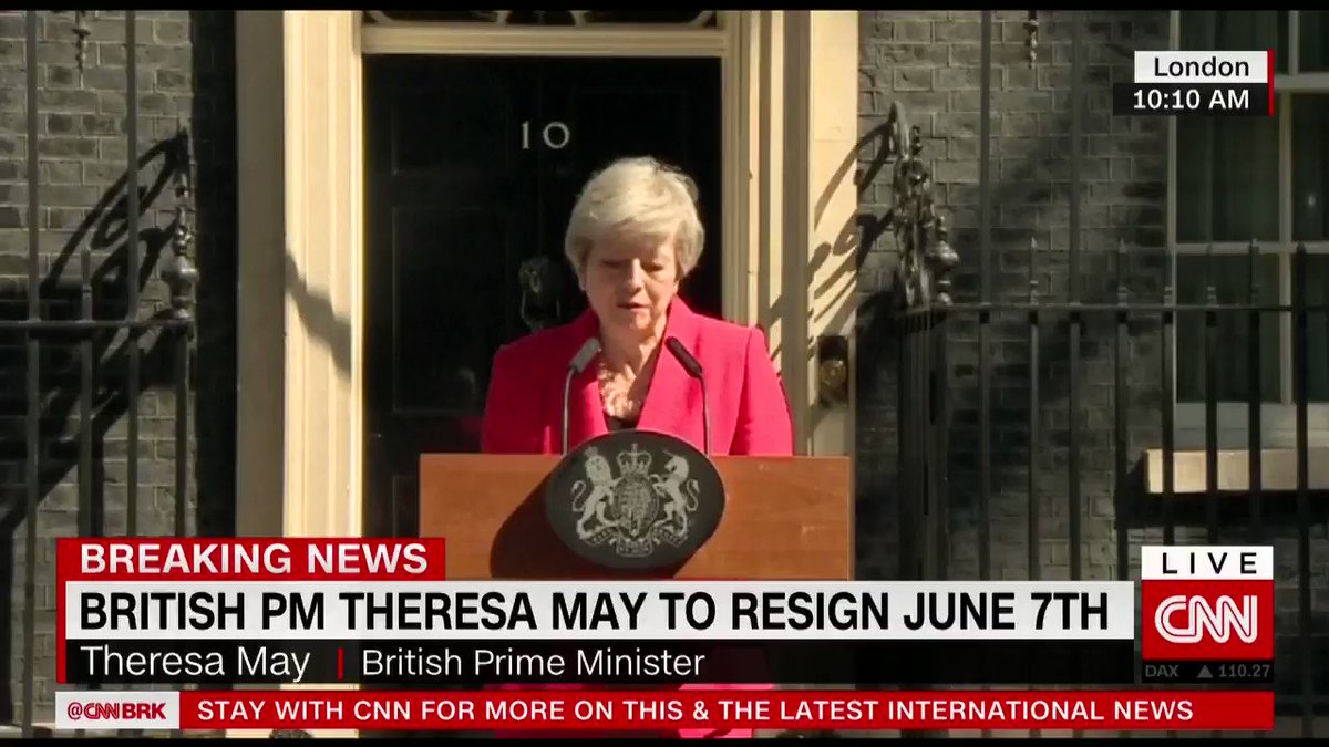 "I will shortly leave the job that it has been the honor of my life to hold," said British Prime Minister Theresa May in a tearful statement announcing her resignation https://cnn.it/2YMaSo4