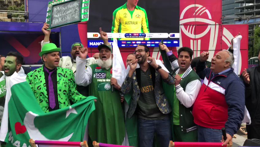 Some very excited Pakistan fans made their way to the Manchester Fanzone ahead of tomorrow's huge #INDvPAK clash!#WeHaveWeWill #CWC19