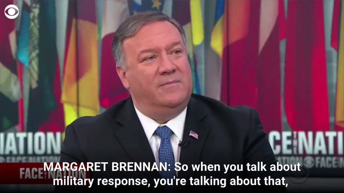 Regarding Iran's attacks on tankers in the MidEast, @SecPompeo says Pres. @realDonaldTrump has made clear “he doesn't want to go to war” with Iran, but “we always have the authorization to defend American interests.” https://cbsn.ws/2wSEZhJ