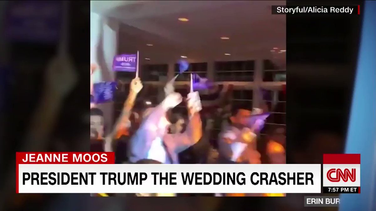 US President Trump popped into a wedding reception at his golf club in Bedminster, New Jersey, prompting the bride, groom and guests to chant, "USA! USA!" CNN's Jeanne Moos has the details. https://cnn.it/2Yax7mL